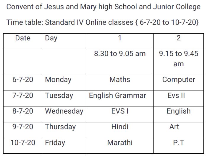 Time Table Class's TIME TABLE FOR THE ONLINE CLASSES -STD III & STD IV-6TH JULY TO 10TH ...