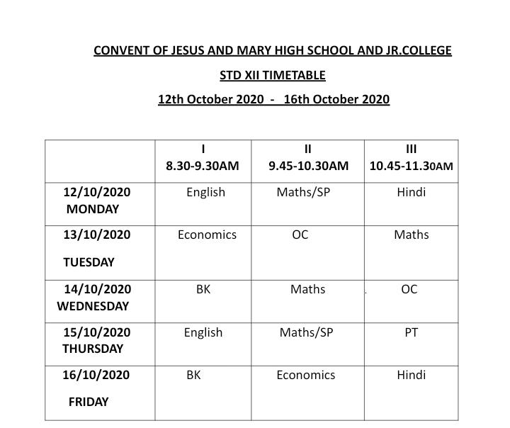TIME TABLES FOR ONLINE CLASSES FOR STD IX, X & XII FROM 12TH OCTOBER 2020 TO 16TH OCTOBER 2020